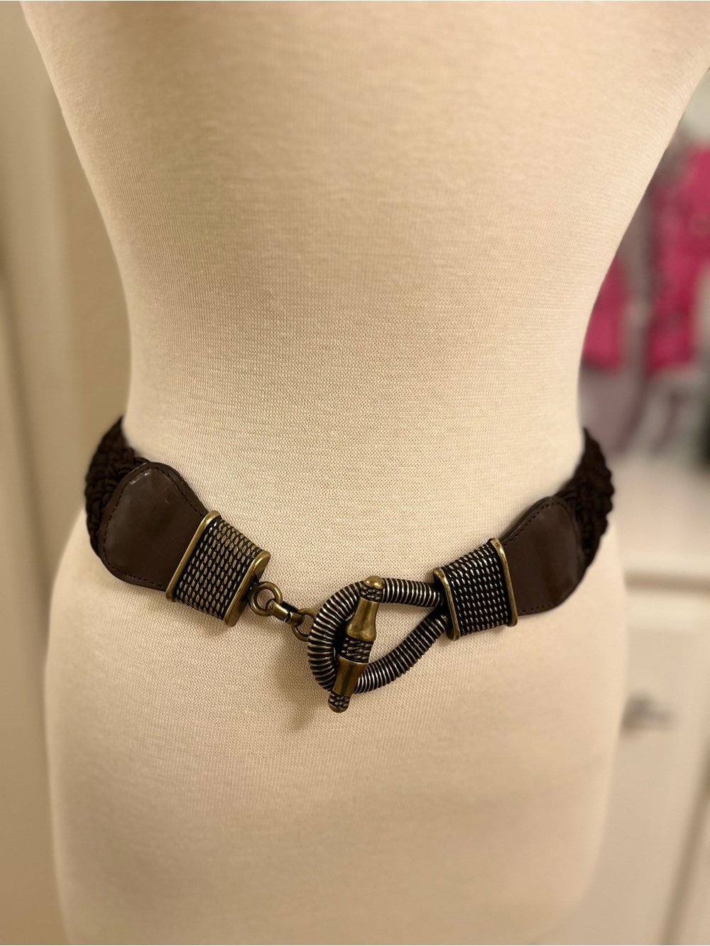 Another Line Espresso Woven Belt with Bronze Hook Buckle